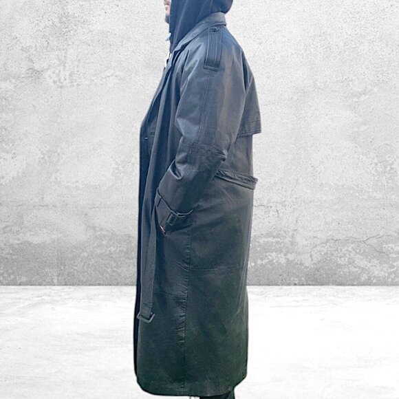 Leather Button Front Belted Trench Coat Men's Black Size XL - Picture 7 of 16